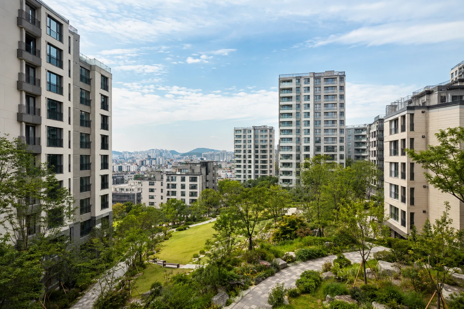 Seouler Wohnanlage in Dongjak-gu mit mehreren Apartmentgebäuden und gemeinsamem Grünraum