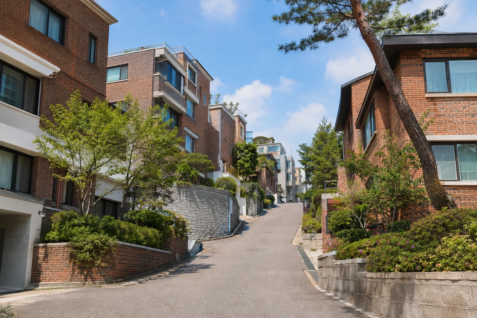 Ansteigende Wohnstraße in Dongjak-gu mit koreanischen Stadtvillen und Backsteinfassaden